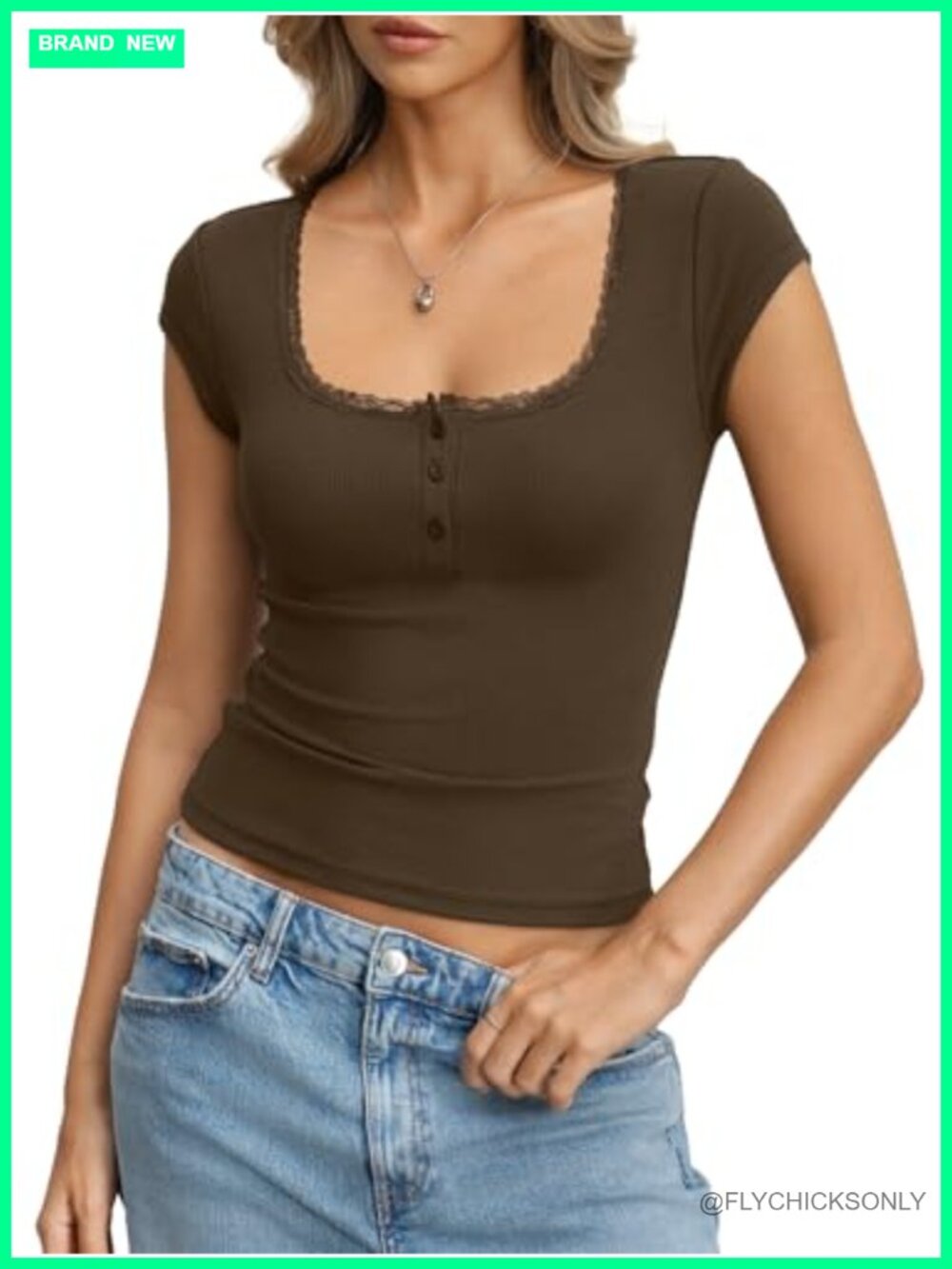 Womens Lace Henley Crop Top Cotton Ribbed Cap Sleeve Button Down Shirt